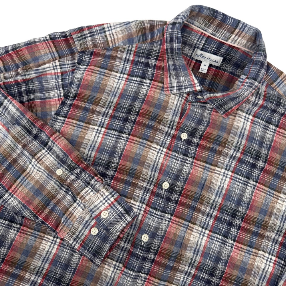 Peter Millar Flannel Shirt Mens M Blue Red Plaid Cotton Button Down Casual Golf